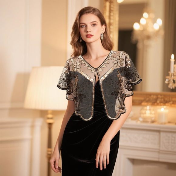 Women's 1920s Shawl Wraps Sequin Beaded Evening Shawls Flapper For Evening🐻 - Picture 4 of 6